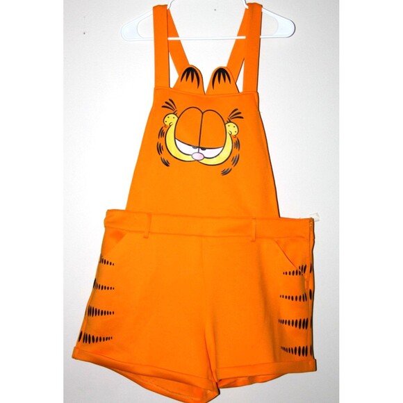 Hot Topic Nickelodeon Garfield Cat Face Orange Overall Shorts Suspenders Costume - Picture 1 of 16